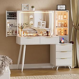 White Makeup Vanity Desk with Lighted Mirror & Power Outlet,3 Color Modes, Brightness Adjustable,Vanity Table with Drawer,Sliding 2 Storage Wall-Mounted Jewelry