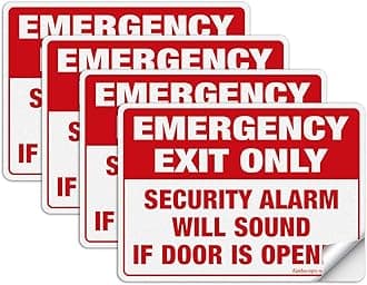 Emergency Exit Only Sticker, Emergency Exit Only - Security Alarm Will Sound If Door is Opened Label, 4 Pack, 10 x 7 inch Self-Adhesive Vinyl Decal Stickers, Reflective, UV Protected, Waterproof