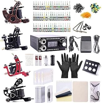 One Tattoo World Complete Tattoo Starter Kit, 4 Tattoo Machines, Digital Power Supply, 54 Color 5ml Tattoo Inks, Grips, Needles, Transfer Paper etc, OTW-KTB454