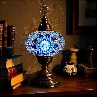 Mozaist Turkish Lamp, Mosaic Table Lamp, Antique Moroccan Decorative Glass Bohemian Vintage Lamp Shade, Small Desk Tiffany Bedside Stained Glass Lamp with US Plug and E12 Socket