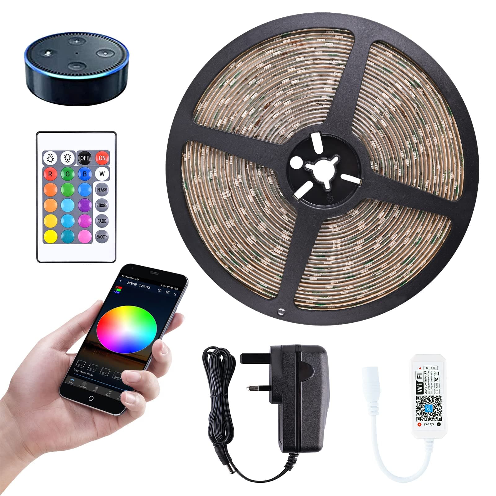 Led Light Strip,WiFi Wireless Smart Phone Controlled Strip Light Kit 10M White Band 5050 Waterproof IP65 LED Lights,Working with Android and iOS System,Alexa