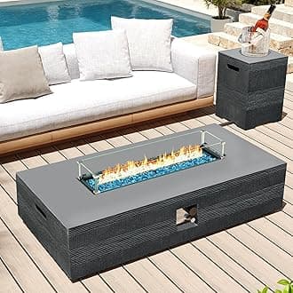 UPHA 56-inch Outdoor Propane Gas Fire Pit Table 50000 BTU Concrete Rectangle FirePit for Outside Patio with Propane Tank Cover, Wind Guad, Navyblue Fire Glass, Rain Cover, Grey Texture