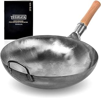 YOSUKATA 36 cm Round Bottom Wok - Hammered Carbon Steel, Compatible With Gas Stoves and Open Fires - Traditional Chinese Wok (Silver)