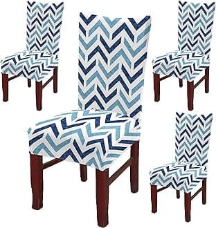 BRIDA® Polyester Spandex Stretchable Floral Geometric Printed Dining Chair Covers Elastic Chair Seat Case Protector, Slipcovers (4 Chair Cover, Zigzag Blue)