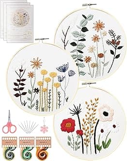 Santune 3 Sets Embroidery Kit,Cross Stitch Kits for Beginners,Needlepoint Kits for Adults with Easy Floral Pattern Hand Crafts,Hoop,Needle,Mothers Day Gifts