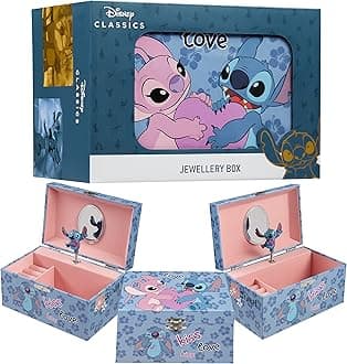 Stitch Jewellery Box Musical Wind Up Spinning Figure Frozen Memory Box Keepsake Girls Teens Ring Slots Organiser Bedroom Decor, Gifts for Girls (Blue Stitch)