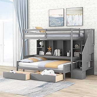 Separable Design Solid Wood Bunk Bed with Storage Staircase for Kids Teens Adults, Twin XL Size Loft Bed with Built-in Book Shelves and Desk, Full Size Platform Bed with Wheel and 2 Drawers (Gray-1)