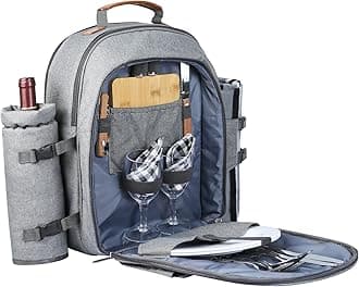 Insulated Picnic Backpack for 2 People with Cooler Compartment, Wine Pouch, Blanket and Cutlery Set Stainless Steel (Grey)