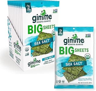 Gimme Seaweed Organic Premium Roasted Seaweed Big Sheets, Sea Salt, Keto, Vegan, Gluten-Free, Great Source of Omega3s and Iodine, Healthy On-The-Go Snack for Kids and Adults, 0.92oz (Pack of 10)