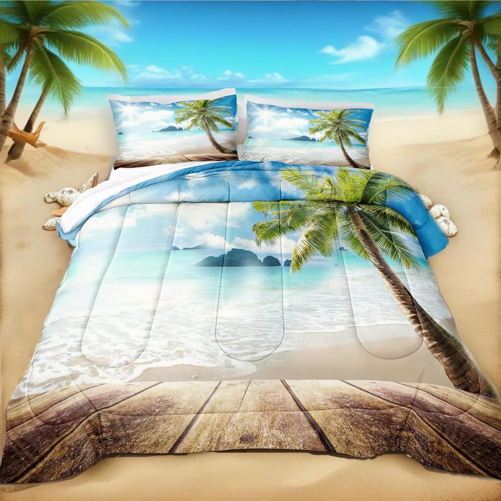 Bedbay Tropical Paml Tree Bedding Set Beach Queen Comforter Set Sunny Beachy Comforter Beach Themed Bedding Set Queen Size 3 Pieces Soft Microfiber Ocean Duvet Set for All Seasons