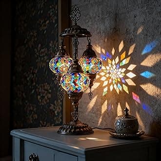 Mozaist Turkish Mosaic Lamp with Bulb – 3 Globe Tiffany-Style Moroccan Table Light (Multi-Colored)