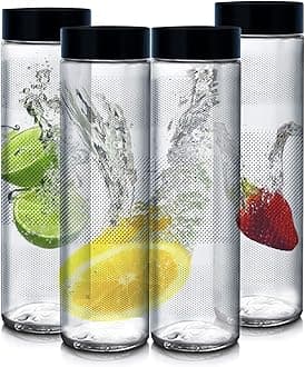 Glass Food Grade Airtight Water Bottle with Leak-Proof Black Color Plastic Lid - Water, Smoothie, Juicer and Beverage Glasses - 750ml (Set of 4)