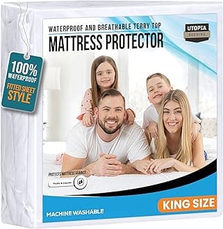 King Size Mattress Protector Waterproof, Premium 200 GSM Terry Mattress Cover, Soft & Breathable Bed Cover, Fitted Sheet Style Stretchable Deep Pockets 17" by Utopia Bedding (White)