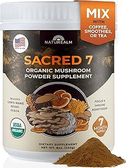 Sacred 7 Organic Mushroom Powder Supplement | 7-Month Supply | 7-in-1 Blend with Lions Mane, Reishi, Chaga | Brain & Immune Support | 100% Fruiting Bodies for Coffee & Smoothies