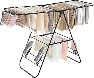 SONGMICS Clothes Airer, Foldable Clothes Drying Rack, Clothes Horse with Height-Adjustable Wings, Free-Standing Laundry Drying Rack, Indoor and Outdoor Use, Steel, Black LLR502B01