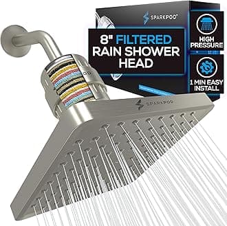 SparkPod Luxury Filtered Shower Head Set 23 Stage Shower Filter - Reduces Chlorine and Heavy Metals - High Pressure Showerhead Filter (8" Square, Elegant Brushed Nickel)