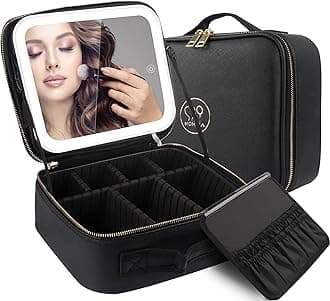 MOMIRA Mirrored Makeup Box, Cosmetic Storage Box, Cosmetic Case, Adjustable Dividers, 3-Color Adjustable LED Lights, Makeup Brush Case Included, Hand-held, Large Capacity, Freestanding, Professional