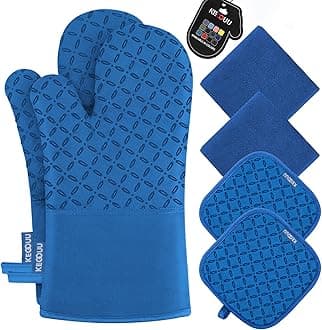 Oven Mitts and Pot Holders 6pcs Set, Kitchen Oven Glove High Heat Resistant 500 Degree Extra Long Oven Mitts and Potholder with Non-Slip Silicone Surface for Cooking (Royal Blue)