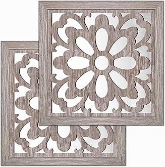 Yudarte 2pcs Set Square Mandala Cutout Wall Mirror Decor - Farmhouse Rustic Decorative Mirrors for Bedroom Bathroom Living Room Kitchen Entryway 12x12 Inches