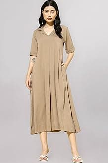 Women Beige A -line Calf Length Dress Featuring Classic Shirt Collar and Short Sleeves which offering Comfort and Ease