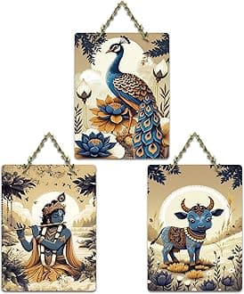 Artvibes Divine Shri Krishna Wall Art Set With Peacock And Cow Home Decorative Wall Art For Living Room | Pooja Room |Puja Decoration Items | Spiritual Gifts |Temple | Artwork | Bedroom (WH_9627N)