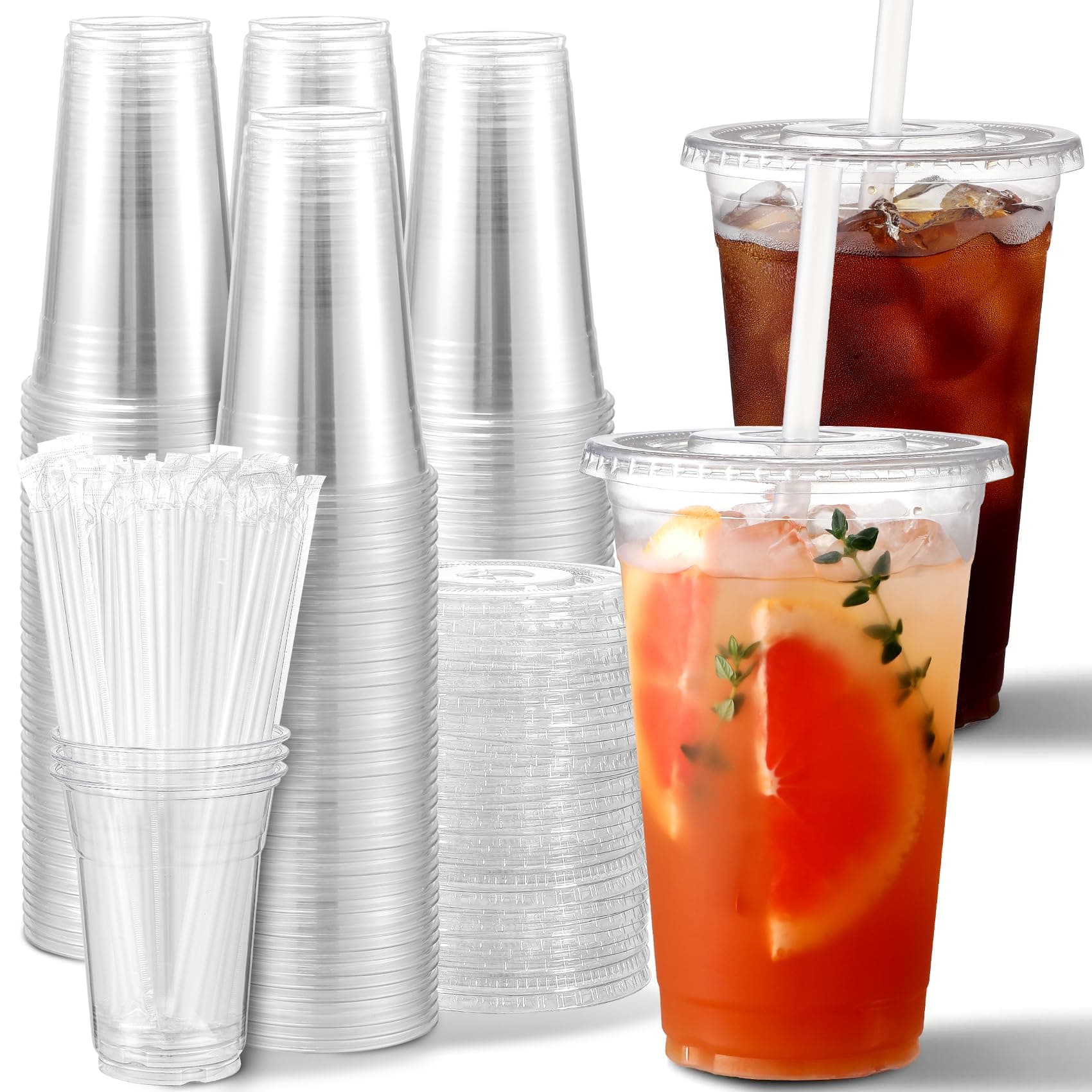 100 Pack - 24 oz Clear Plastic Cups with Lids and Straws, Sturdy & Food Safe Iced Coffee Cups with lids, Disposable Iced Coffee Cups for Cold Drinks