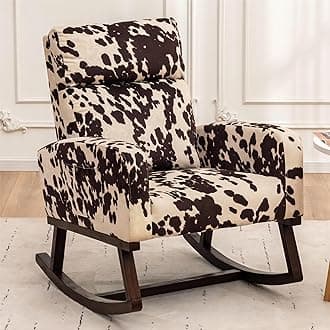 Rocking Chair Nursery, Nursing Rocker Armchair with High Backrest, Comfy Rocking Chair for Nursery, Living Room,Bedroom, Cow Printed