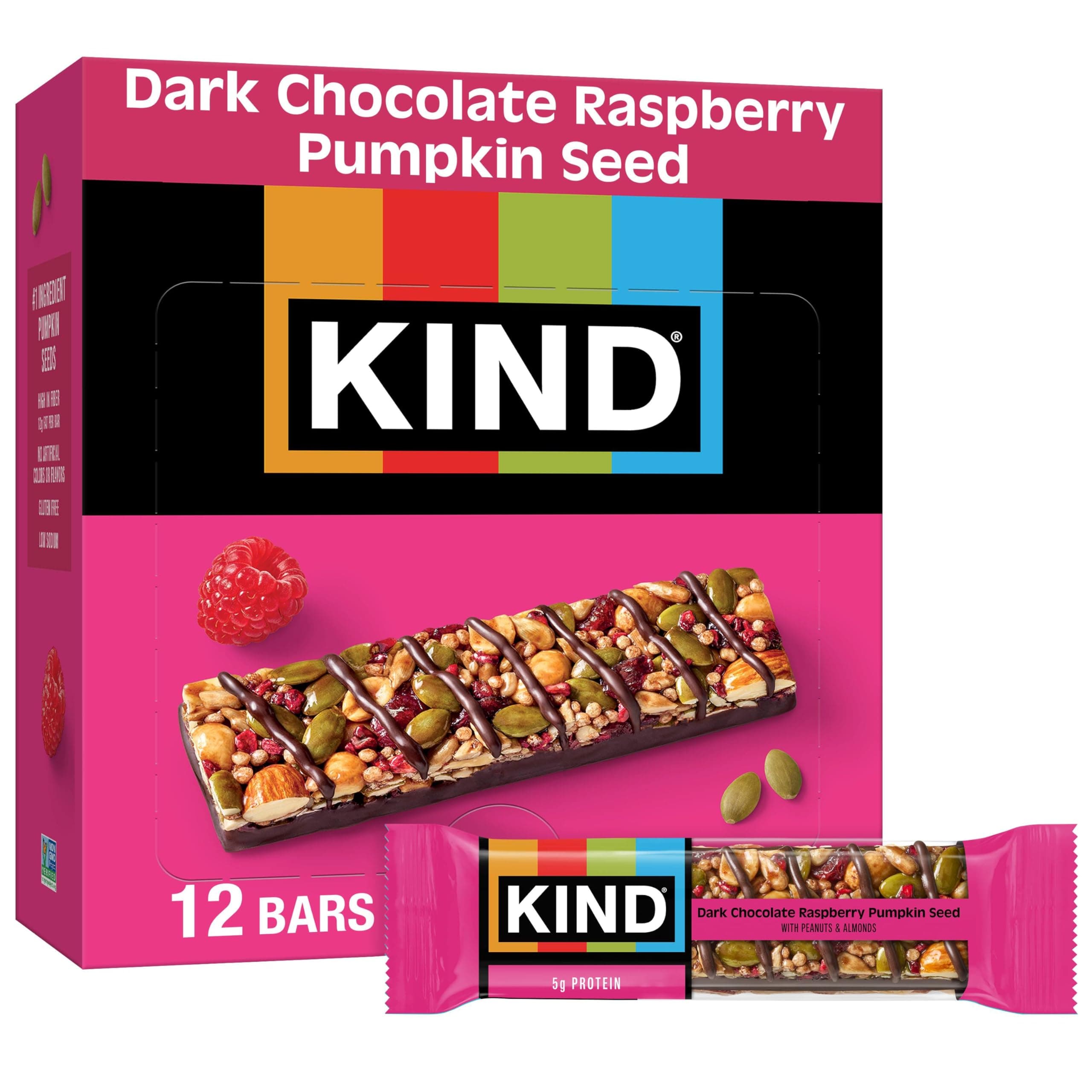 KIND Seeds Fruit & Nuts Snack Bar, Dark Chocolate Raspberry Pumpkin Seed | 5g Protein, High Fiber, Gluten Free Bars, 1.4 OZ, 12 Count