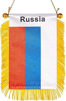 WXTWK 3 X 5 Inch Russia Flag Russian Window Hanging Flag Small Mini Car Flags Banners Rearview Mirror Decoration With Suction Cup Golden Fringy Banner