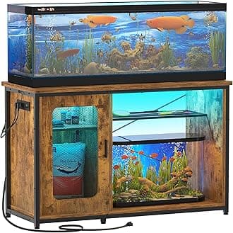 55-75 Gallon Fish Tank Stand with Power Outlets & LED Light, Reversible Heavy Duty Metal Aquarium Stand with Cabinet for Fish Tank Accessories Storage, Turtle/Reptile Terrariums, Rustic Brown