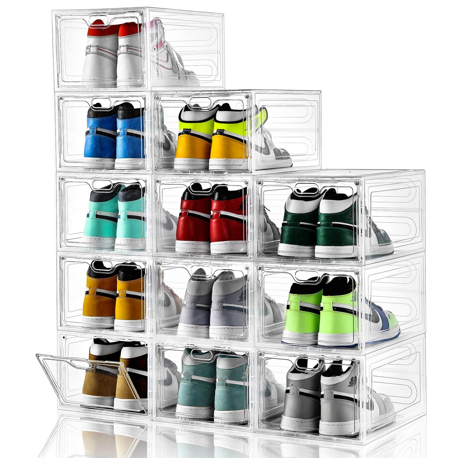 INSTY Shoe Boxes, Set of 12, Stackable Clear Plastic Shoe Storage Boxes, Drop Front Shoe Box with Lids,Shoe Organizer Containers for Sneaker Display, Fit up to US Size 12(13.4”x 9.8”x 7.1”)