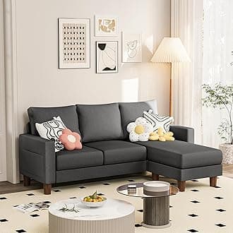 Couch for Small Living Room, 72" Small Sofa with Reversible Ottoman, 3 Seat L-Shaped Sofas, Comfy Couches for Apartment (Linen Fabric, Dark Grey)