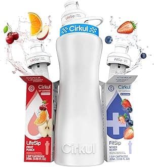 Cirkul 22oz. White Stainless Steel Water Bottle Starter Kit with Blue Lid, 2 Flavor Cartridges (1 LifeSip Fruit Punch and 1 FitSip Mixed Berry) Zero Calories and No Sugar