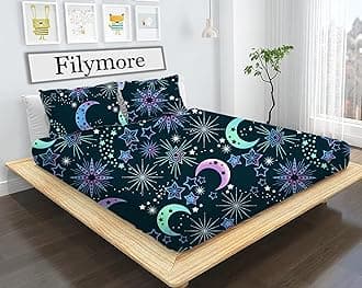 Moon Star Kids Double Bed Sheet with 2 Pillow Covers 180 TC Soft Microfiber for Kid Room Bedcover Size (90 X 90) inches, Nevyblue and White