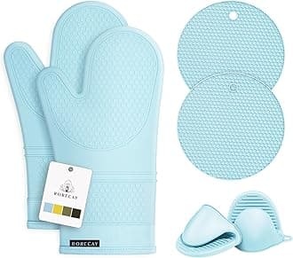 Rorecay 6pcs Oven Mitts and Pot Holders Sets, Extra Long Silicone Oven Gloves Heat Resistant 500 Degrees Non-Slip Potholders Hot Pads for Kitchen Baking Cooking, Quilted Liner, Winter Sky