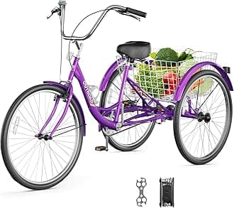 Outroad Adult Tricycle, 24/26 inch 1/7 Speed Cruiser Trike, 3 Wheel Bikes with Large Basket for Seniors, Women, Men, Adult Trikes for Shopping Picnic Outdoor Sports,Red Blue and Purple
