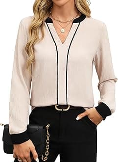 FayenneWomens Tops Dressy Casual V Neck Color Block Business Casual Blouses Long Sleeve Work Shirts Fall Trendy Clothes