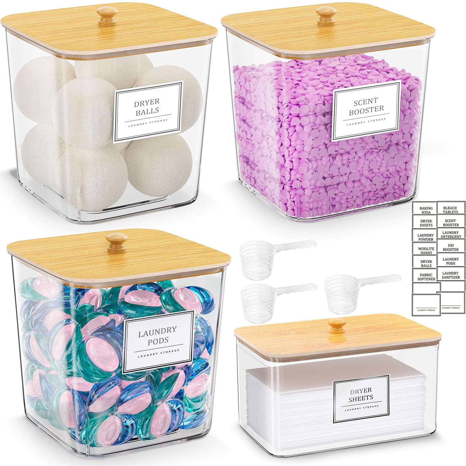 3+1 Pack Laundry Pods Container,Clear Laundry Room Organization Containers,Large Laundry Detergent Powder Storage Containers with Bamboo Lids & Labels,Laundry Pods Holder for Scent Booster,Powder,Pods