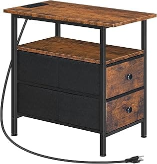 HOOBRO End Table with Charging Station, Narrow Side Table, Nightstand with 2 Non-Woven Drawers, Slim Sofa Side Table, for Small Spaces, Living Room, Bedroom, Rustic Brown and Black BF486UBZ01