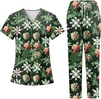 Generic Christmas Scrubs Set for Women Nurse Uniform Top & Pants with Multi Pocket for Nurse Esthetician Workwear