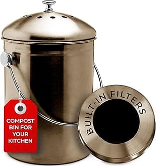 Countertop Compost Bin Kitchen | 1.3 Gallon | Odorless Composting Bin with Carbon Filters | Indoor Compost Bin with Lid | Stainless Steel Kitchen Composter for Food Scraps & Waste Recycling
