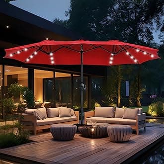 MFSTUDIO 15ft Double Sided Patio Umbrella with Solar Lights, Outdoor Large Umbrellas with Crank Handle and 36 LED Lights, Rectangular Market Umbrella with Base Included for Deck Pool, Burgundy Red