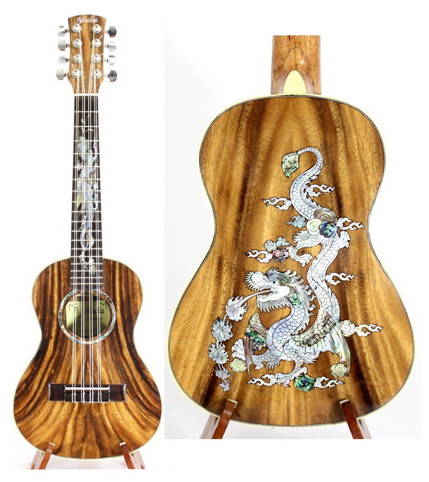 Handmade Solid 8 String Acacia Koa Tenor Ukulele, Dragon Mother of Pearl Inlay Pattern, Including One Hard Case, No Two Ukuleles Are Alike
