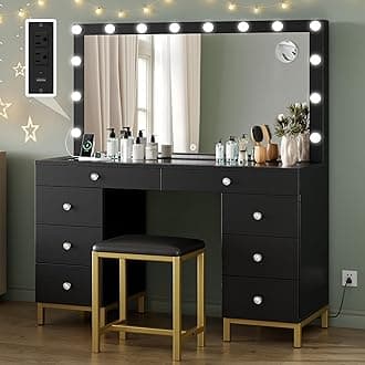 DWVO Vanity Desk with Mirror and Lights, Large Vanity Set with Power Outlet, Makeup Table with 8 Drawers, Dimmable 3 Lighting Colors, Makeup Desk for Bedroom and Dressing Room, Black