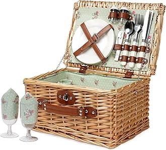 ZORMY Wicker Picnic Basket for 2, Willow Hamper Basket Sets, Handmade 2 Person Picnic Basket with Utensils Cutlery Perfect for Picnic, Camping Flower