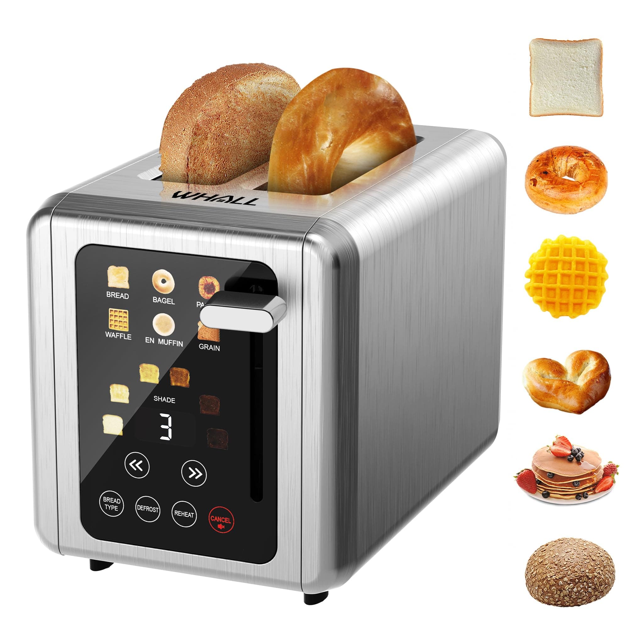 WHALL Touch Screen Toaster 2 Slice, Stainless Steel Digital Timer Toasters with Sound Function, Smart Extra Wide Slots Toaster with Bagel, Cancel, Defrost (silver)