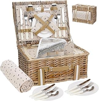 Willow Picnic Basket Set for 4 Persons with Large Insulated Cooler Bag and Waterproof Picnic Blanket,Wicker Picnic Hamper for Camping,Outdoor,Valentine Day,Chirtmas,Thanks Giving,Birthday.