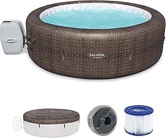 Bestway SaluSpa St Moritz Large Round AirJet 7 Person Inflatable Hot Tub Portable Outdoor Spa with 180 Soothing AirJets and Cover, Brown