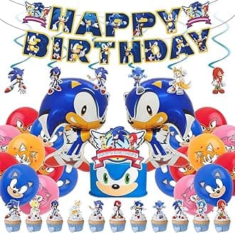 Mprocen Sonic Birthday Party Decorations, Sonic Party Latex Balloon Happy Birthday Banner Cake Topper Large Sonic Aluminum Film Balloon, Cupcake Toppers for Kids Adult Birthday Party Decor, KKK123