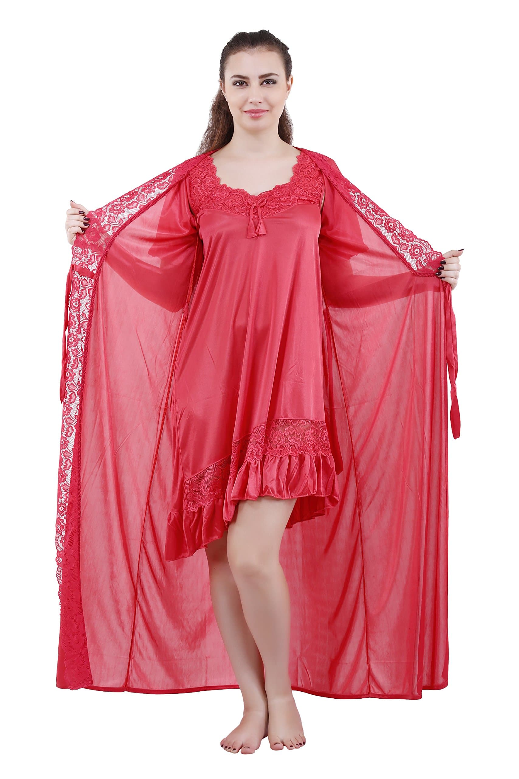 Romaisa Women's Satin Solid Maxi Length Nighty with Robe (Size - Free Size) (Nightwear Set Pack of 2)